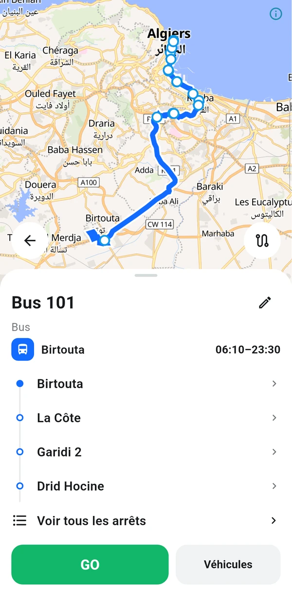 La fiche de la ligne 101 dans Tooka : son tracé, ses arrêts et ses horaires.