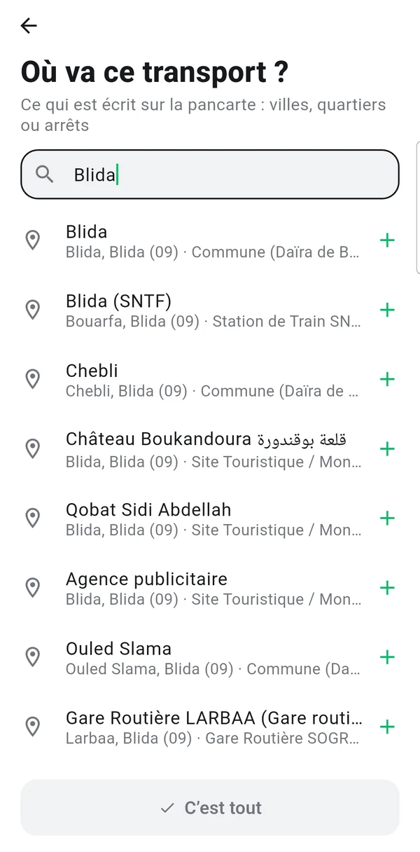 L'écran Où va ce transport ? avec la recherche Blida.